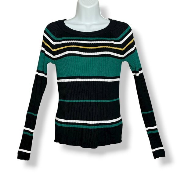 Express Ribbed Sweater Stripes Fitted Women Size Medium Teal Black Rayon Nylon - Picture 2 of 12